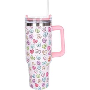 Whaline 40oz Halloween Skull Tumbler with Straw and Lid Spooky Skull Flower Travel Coffee Tumbler Cup with Handle for Trick or Treat Birthday Party Gifts(love heart)