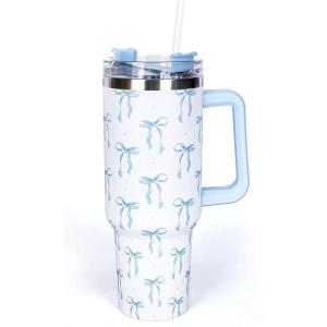 Whaline 40oz Halloween Skull Tumbler with Straw and Lid Spooky Skull Flower Travel Coffee Tumbler Cup with Handle for Trick or Treat Birthday Party Gifts(blue bow)