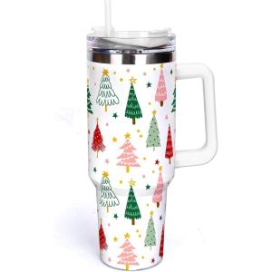 Whaline 40oz Halloween Skull Tumbler with Straw and Lid Spooky Skull Flower Travel Coffee Tumbler Cup with Handle for Trick or Treat Birthday Party Gifts(Christmas Tree)