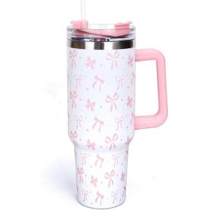 Whaline 40oz Halloween Skull Tumbler with Straw and Lid Spooky Skull Flower Travel Coffee Tumbler Cup with Handle for Trick or Treat Birthday Party Gifts(cute pink bow)