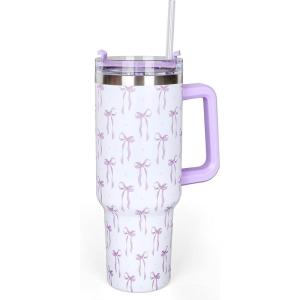 Whaline 40oz Halloween Skull Tumbler with Straw and Lid Spooky Skull Flower Travel Coffee Tumbler Cup with Handle for Trick or Treat Birthday Party Gifts(purple bow)