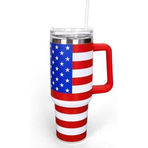 Whaline 40oz Halloween Skull Tumbler with Straw and Lid Spooky Skull Flower Travel Coffee Tumbler Cup with Handle for Trick or Treat Birthday Party Gifts(American Flag)
