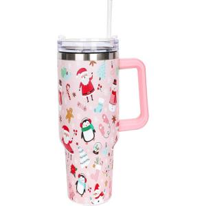 Whaline 40oz Halloween Skull Tumbler with Straw and Lid Spooky Skull Flower Travel Coffee Tumbler Cup with Handle for Trick or Treat Birthday Party Gifts(Christmas Cartoon)