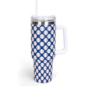 Whaline 40oz Halloween Skull Tumbler with Straw and Lid Spooky Skull Flower Travel Coffee Tumbler Cup with Handle for Trick or Treat Birthday Party Gifts(baseball)