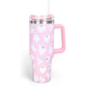 Whaline 40oz Halloween Skull Tumbler with Straw and Lid Spooky Skull Flower Travel Coffee Tumbler Cup with Handle for Trick or Treat Birthday Party Gifts(pink ghost)