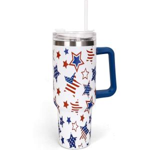 Whaline 40oz Halloween Skull Tumbler with Straw and Lid Spooky Skull Flower Travel Coffee Tumbler Cup with Handle for Trick or Treat Birthday Party Gifts(Independence Day Star)