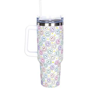 Whaline 40oz Halloween Skull Tumbler with Straw and Lid Spooky Skull Flower Travel Coffee Tumbler Cup with Handle for Trick or Treat Birthday Party Gifts(happy face)