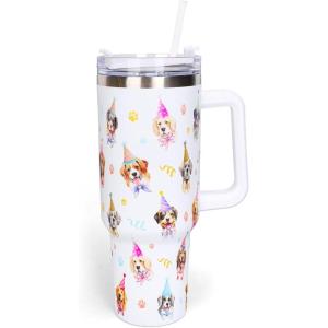 Whaline 40oz Halloween Skull Tumbler with Straw and Lid Spooky Skull Flower Travel Coffee Tumbler Cup with Handle for Trick or Treat Birthday Party Gifts(dog)