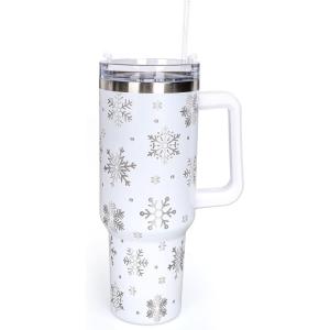Whaline 40oz Halloween Skull Tumbler with Straw and Lid Spooky Skull Flower Travel Coffee Tumbler Cup with Handle for Trick or Treat Birthday Party Gifts(snowflake)