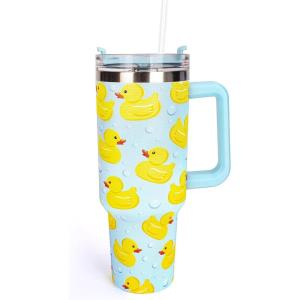 Whaline 40oz Halloween Skull Tumbler with Straw and Lid Spooky Skull Flower Travel Coffee Tumbler Cup with Handle for Trick or Treat Birthday Party Gifts(yellow duck)