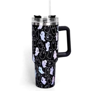 Whaline 40oz Halloween Skull Tumbler with Straw and Lid Spooky Skull Flower Travel Coffee Tumbler Cup with Handle for Trick or Treat Birthday Party Gifts(laser ghost)