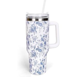 Whaline 40oz Halloween Skull Tumbler with Straw and Lid Spooky Skull Flower Travel Coffee Tumbler Cup with Handle for Trick or Treat Birthday Party Gifts(blue flower)