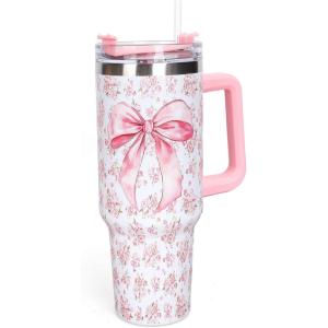 Whaline 40oz Halloween Skull Tumbler with Straw and Lid Spooky Skull Flower Travel Coffee Tumbler Cup with Handle for Trick or Treat Birthday Party Gifts(pink flower bow)