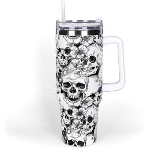 Whaline 40oz Halloween Skull Tumbler with Straw and Lid Spooky Skull Flower Travel Coffee Tumbler Cup with Handle for Trick or Treat Birthday Party Gifts(Skeleton)