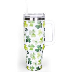 Whaline 40oz Halloween Skull Tumbler with Straw and Lid Spooky Skull Flower Travel Coffee Tumbler Cup with Handle for Trick or Treat Birthday Party Gifts(shamrock)