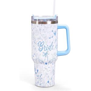 Whaline 40oz Halloween Skull Tumbler with Straw and Lid Spooky Skull Flower Travel Coffee Tumbler Cup with Handle for Trick or Treat Birthday Party Gifts(Bride)