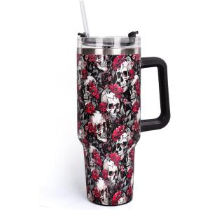 Whaline 40oz Halloween Skull Tumbler with Straw and Lid Spooky Skull Flower Travel Coffee Tumbler Cup with Handle for Trick or Treat Birthday Party Gifts(floral skeleton)