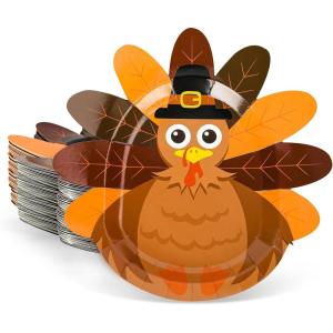 Whaline 48Pcs Thanksgiving Paper Plates Turkey Shaped Disposable Decorative Tableware for Fall Party Supplies Autumn Holiday Catering Events, 11.4 x 11.6 Inch