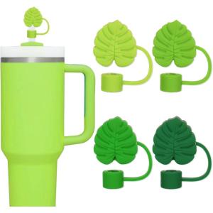 Whaline 4Pcs Fall Maple Leaf Straw Cover Cap Pink Orange Reusable Silicone Straw Topper 10 Mm/0.4 Inch Straws Tip Lid Protector for Autumn Thanksgiving Party Favors Supplies(Monstera Leaf)