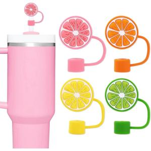 Whaline 4Pcs Fall Maple Leaf Straw Cover Cap Pink Orange Reusable Silicone Straw Topper 10 Mm/0.4 Inch Straws Tip Lid Protector for Autumn Thanksgiving Party Favors Supplies(Lemon)