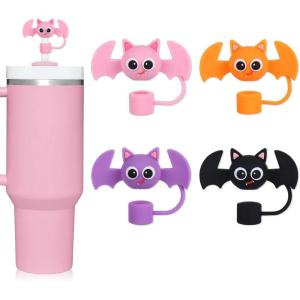 Whaline 4Pcs Fall Maple Leaf Straw Cover Cap Pink Orange Reusable Silicone Straw Topper 10 Mm/0.4 Inch Straws Tip Lid Protector for Autumn Thanksgiving Party Favors Supplies(Bat)