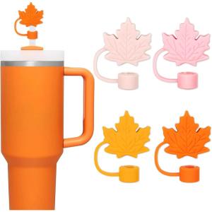 Whaline 4Pcs Fall Maple Leaf Straw Cover Cap Pink Orange Reusable Silicone Straw Topper 10 Mm/0.4 Inch Straws Tip Lid Protector for Autumn Thanksgiving Party Favors Supplies(Maple Leaf)