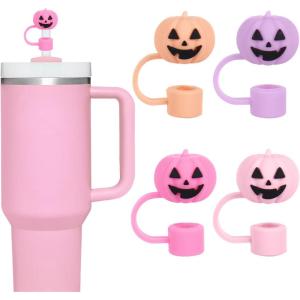 Whaline 4Pcs Fall Maple Leaf Straw Cover Cap Pink Orange Reusable Silicone Straw Topper 10 Mm/0.4 Inch Straws Tip Lid Protector for Autumn Thanksgiving Party Favors Supplies(Grimace Pumpkin)