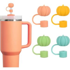 Whaline 4Pcs Fall Straw Cover Cap Pink Yellow Green Blue Pumpkin Reusable Silicone Straw Topper Autumn Thanksgiving 10 mm/0.4 Inch Straws Lid Protector for 30/40 Oz Tumbler Cup(Pink Yellow Green Blue)