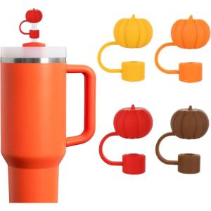 Whaline 4Pcs Fall Straw Cover Cap Pink Yellow Green Blue Pumpkin Reusable Silicone Straw Topper Autumn Thanksgiving 10 mm/0.4 Inch Straws Lid Protector for 30/40 Oz Tumbler Cup(Yellow Orange Brown Red)