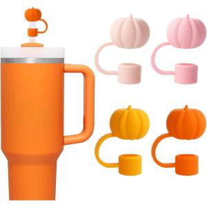 Whaline 4Pcs Fall Straw Cover Cap Pink Yellow Green Blue Pumpkin Reusable Silicone Straw Topper Autumn Thanksgiving 10 mm/0.4 Inch Straws Lid Protector for 30/40 Oz Tumbler Cup(Orange Pink)