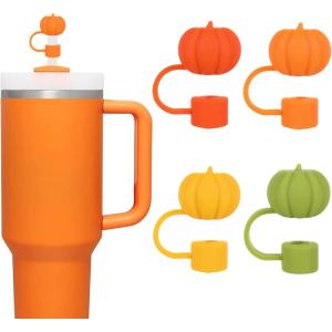 Whaline 4Pcs Fall Straw Cover Cap Pink Yellow Green Blue Pumpkin Reusable Silicone Straw Topper Autumn Thanksgiving 10 mm/0.4 Inch Straws Lid Protector for 30/40 Oz Tumbler Cup(Orange Green Yellow)