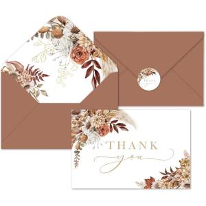 Whaline 50 Pack Boho Floral Thank You Cards Boxed Retro Flower Note Cards with Envelopes Stickers Fall Blank Card for Thanksgiving Bridal Shower Baby Shower Wedding Supplies, 4 x 6 Inch(Boho Floral)