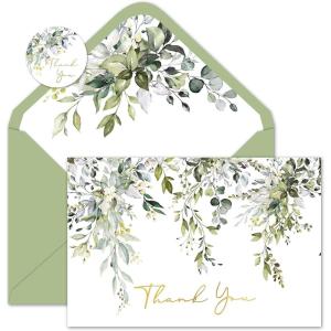 Whaline 50 Pack Boho Floral Thank You Cards Boxed Retro Flower Note Cards with Envelopes Stickers Fall Blank Card for Thanksgiving Bridal Shower Baby Shower Wedding Supplies, 4 x 6 Inch(Greenery)