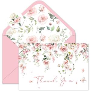 Whaline 50 Pack Boho Floral Thank You Cards Boxed Retro Flower Note Cards with Envelopes Stickers Fall Blank Card for Thanksgiving Bridal Shower Baby Shower Wedding Supplies, 4 x 6 Inch(Pink Flower)