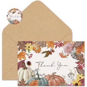 Whaline 50 Pack Boho Floral Thank You Cards Boxed Retro Flower Note Cards with Envelopes Stickers Fall Blank Card for Thanksgiving Bridal Shower Baby Shower Wedding Supplies, 4 x 6 Inch(Pumpkin Maple Leave)