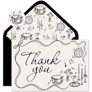 Whaline 50 Pack Boho Floral Thank You Cards Boxed Retro Flower Note Cards with Envelopes Stickers Fall Blank Card for Thanksgiving Bridal Shower Baby Shower Wedding Supplies, 4 x 6 Inch(Bow Cake)