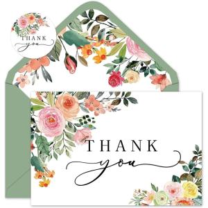 Whaline 50 Pack Boho Floral Thank You Cards Boxed Retro Flower Note Cards with Envelopes Stickers Fall Blank Card for Thanksgiving Bridal Shower Baby Shower Wedding Supplies, 4 x 6 Inch(Watercolor Floral)