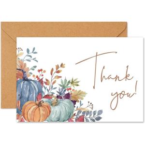 Whaline 50 Pack Fall Thank You Cards Bulk Boxed Watercolor Autumn Leaves Pumpkin Thank You Note Cards with Kraft Envelopes Sticker Thanksgiving Blank Greeting Card for Wedding Baby Shower(Vintage Pumpkin)