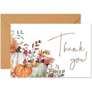 Whaline 50 Pack Fall Thank You Cards Bulk Boxed Watercolor Autumn Leaves Pumpkin Thank You Note Cards with Kraft Envelopes Sticker Thanksgiving Blank Greeting Card for Wedding Baby Shower(Autumn Leaves Pumpkin)