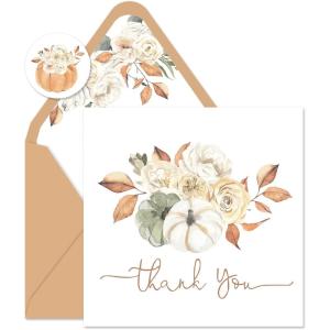 Whaline 50 Pack Fall Thank You Cards Bulk Watercolor Autumn Floral Pumpkin Note Cards with Envelopes Stickers Retro Blank Card for Thanksgiving Harvest Wedding Baby Bridal Shower(5 x 5 inch)