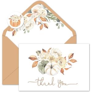 Whaline 50 Pack Fall Thank You Cards Bulk Watercolor Autumn Floral Pumpkin Note Cards with Envelopes Stickers Retro Blank Card for Thanksgiving Harvest Wedding Baby Bridal Shower(4 x 6 inch)