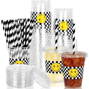 Whaline 50Pcs 12Oz Halloween Disposable Plastic Cups with Lids and Straws Black Gothic Sketch Skull Floral Cold Beverage Drinking Cups for Trick or Treat Party Supplies(Checkered Smile)