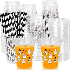 Whaline 50Pcs 12Oz Halloween Disposable Plastic Cups with Lids and Straws Black Gothic Sketch Skull Floral Cold Beverage Drinking Cups for Trick or Treat Party Supplies(Ghost Reading)