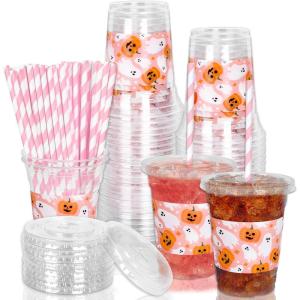 Whaline 50Pcs 12Oz Halloween Disposable Plastic Cups with Lids and Straws Black Gothic Sketch Skull Floral Cold Beverage Drinking Cups for Trick or Treat Party Supplies(Pink Halloween)