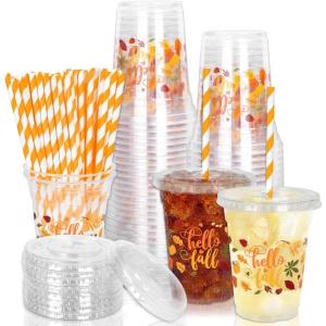 Whaline 50Pcs 12Oz Halloween Disposable Plastic Cups with Lids and Straws Black Gothic Sketch Skull Floral Cold Beverage Drinking Cups for Trick or Treat Party Supplies(Hello Fall)