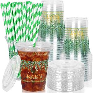 Whaline 50Pcs 12Oz Halloween Disposable Plastic Cups with Lids and Straws Black Gothic Sketch Skull Floral Cold Beverage Drinking Cups for Trick or Treat Party Supplies(Green Leaves)