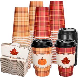 Whaline 50Pcs Fall Thanksgiving Disposable Coffee Cups with Lids and Sleeves Maple Pumpkin Paper Drinking Cups for Autumn Restaurant Travel Business Supplies, 2 Styles(Fall Buffalo Plaid)
