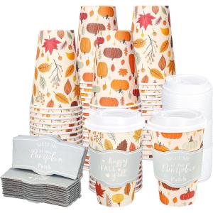 Whaline 50Pcs Fall Thanksgiving Disposable Coffee Cups with Lids and Sleeves Maple Pumpkin Paper Drinking Cups for Autumn Restaurant Travel Business Supplies, 2 Styles(Fall Thanksgiving)
