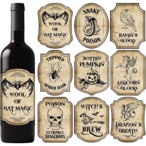 Whaline 54Pcs Halloween Wine Bottle Labels Vintage Potion Bottles Stickers Scary Witch Pumpkin Animal Apothecary Bottle Sticker Waterproof Creepy Wine Decals for Halloween Party Decoration