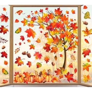 Whaline 6 Sheets Fall Maple Leaves Window Clings Thanksgiving Watercolor Maple Tree Orange-Brown Leaves Pumpkins Decals Double-Sided Glass Window Stickers for Autumn Harvest Home School Party Supplies(Fall)